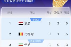 G组实时积分榜：埃及5分居首，比利时同积5分第二，伊朗3分第三-46